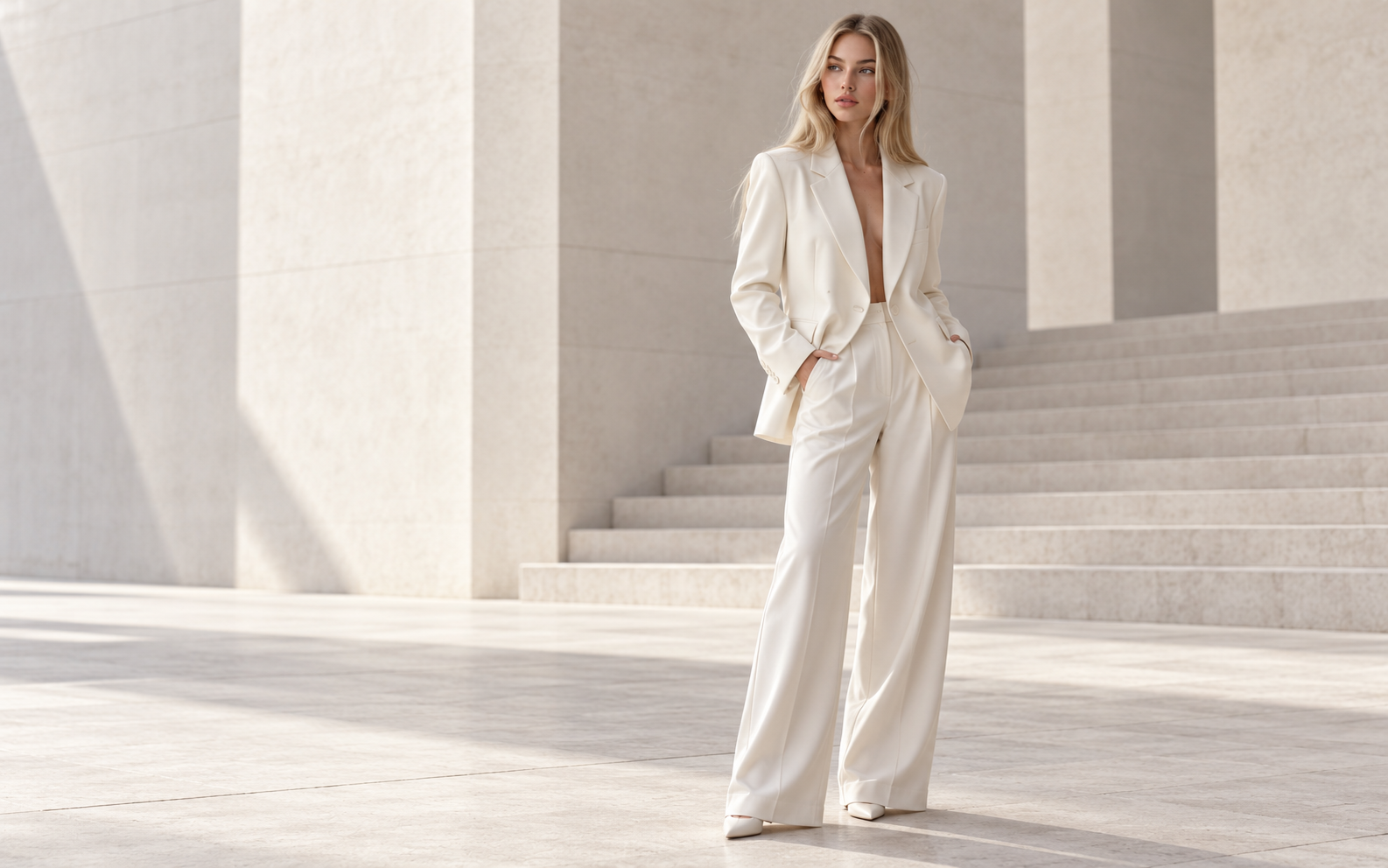 Алина Буянова в белом костюме в архитектурном пространстве